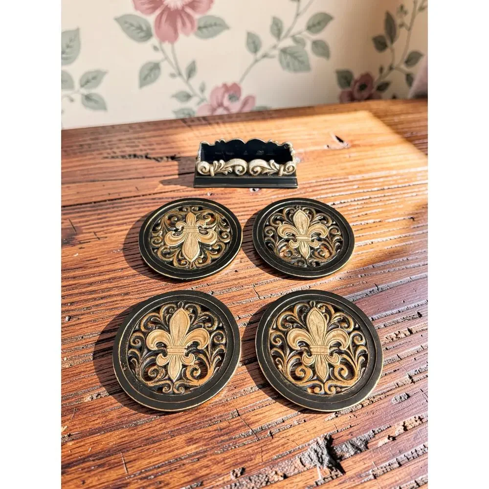 Fleur de Lis Coasters Set of 4 with Ornate Holder Black Gold French Decor